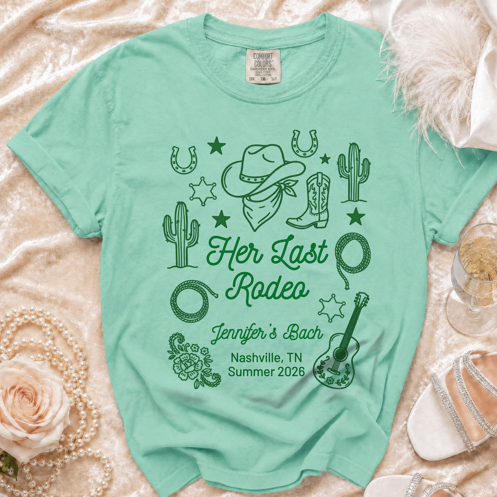 Mint green t-shirt with "Her Last Rodeo" text, western graphics, and "Jennifer's Bach Nashville, TN Summer 2026".
