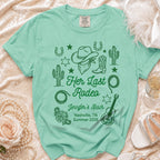 Mint green t-shirt with "Her Last Rodeo" text, western graphics, and "Jennifer's Bach Nashville, TN Summer 2026".
