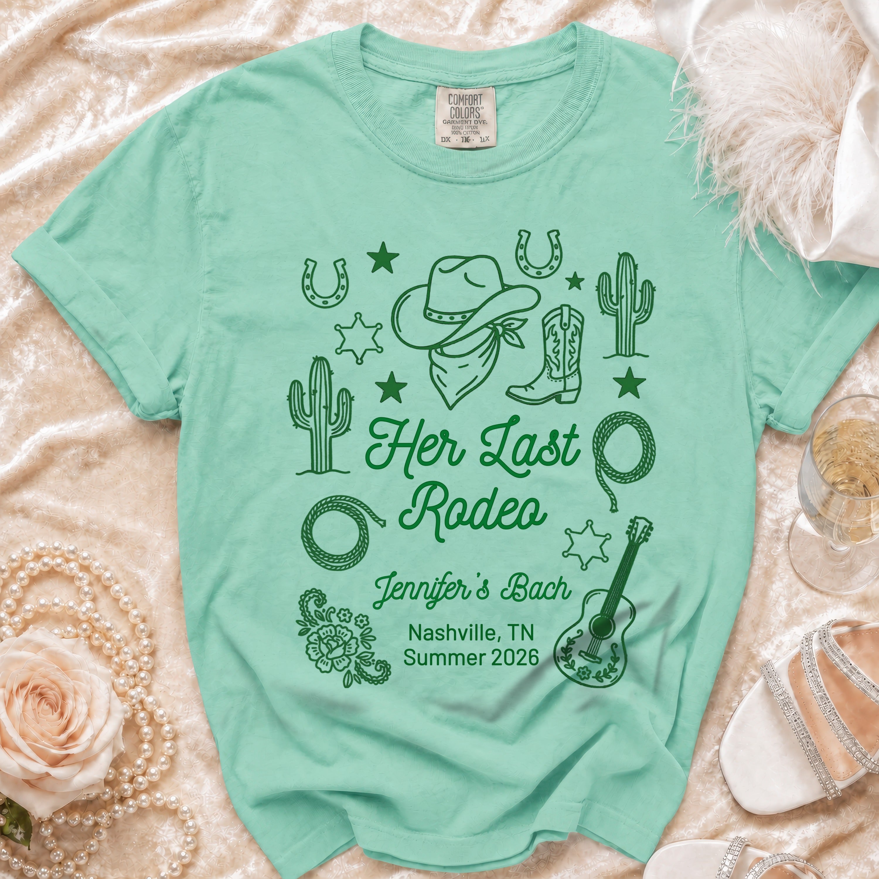 Mint green t-shirt with "Her Last Rodeo" text, western graphics, and "Jennifer's Bach Nashville, TN Summer 2026".
