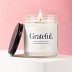 Candle with "Grateful. for the person you raised and the family you gave me." text.