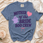 Blue t-shirt with "MOTHER of the BRIDE BOO CREW" text, ghost, and heart.
