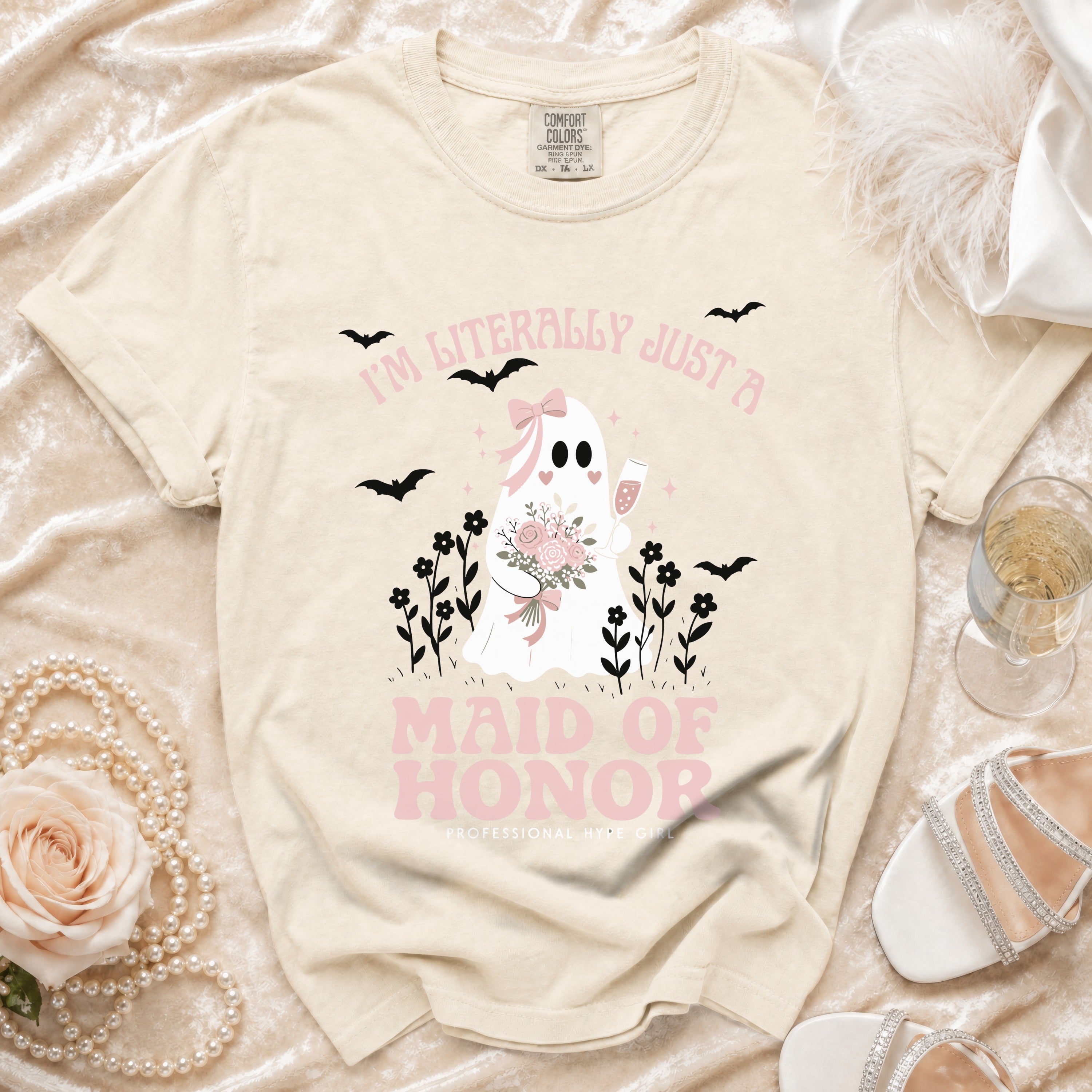 Light tan t-shirt with ghost graphic and "Maid of Honor" text.