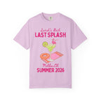 Pink t-shirt with "Sarah's Bach Last Splash" and beach-themed graphics.