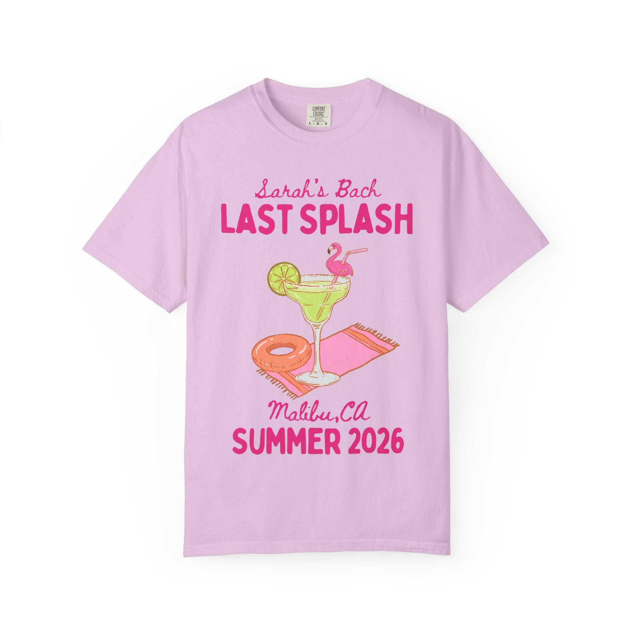 Pink t-shirt with "Sarah's Bach Last Splash" and beach-themed graphics.
