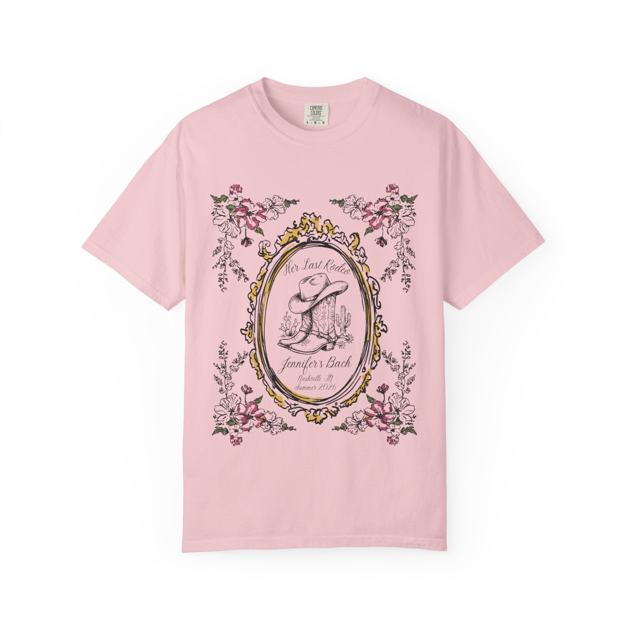 Pink t-shirt with "Her Last Rodeo" and cowboy boot graphic.