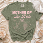 Green t-shirt with "MOTHER OF The Bride" and ghost bride graphic.