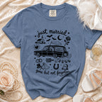 Blue t-shirt with "just married" and "gone but not forgotten" text and gothic wedding graphics.