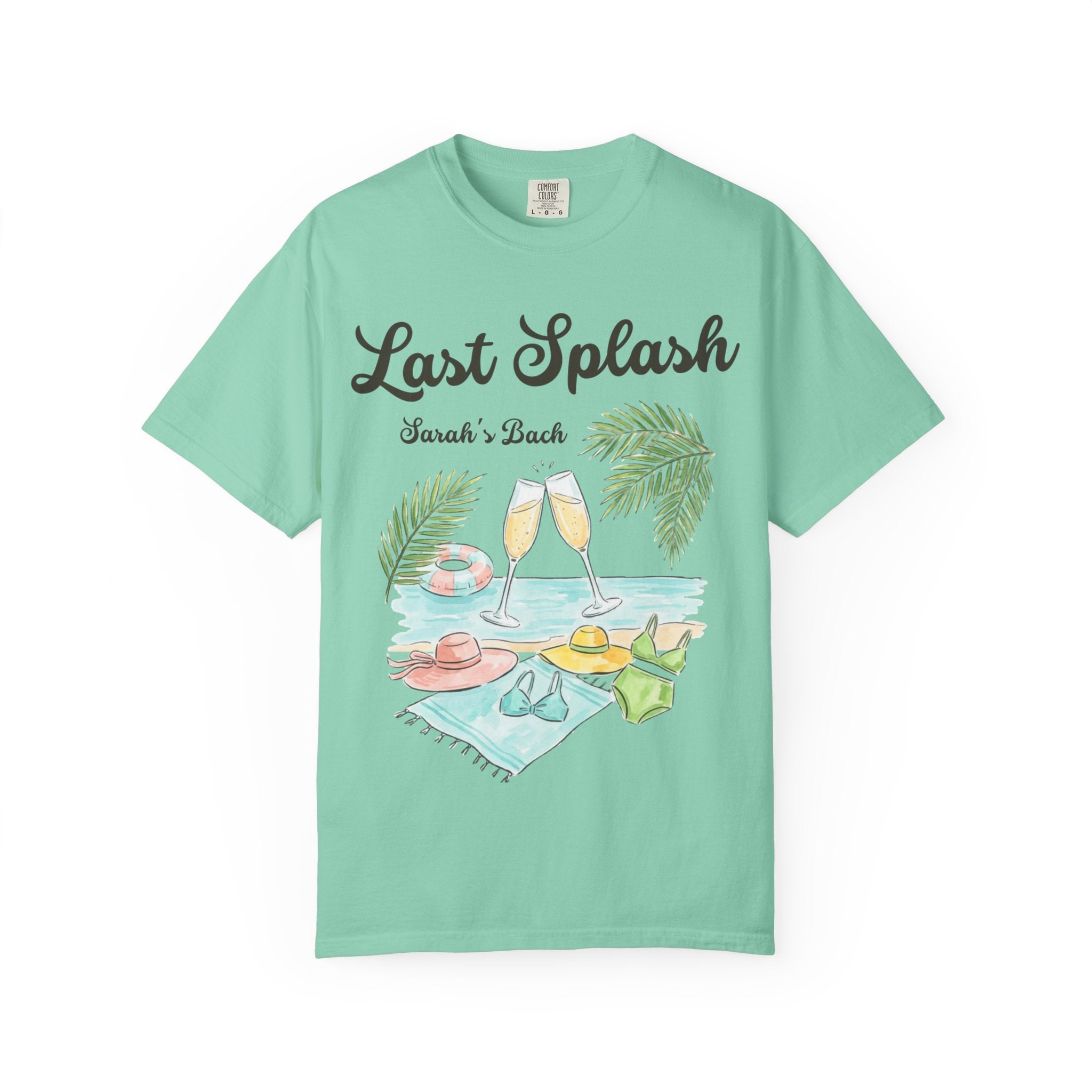 Mint t-shirt with "Last Splash" and beach accessories graphic.