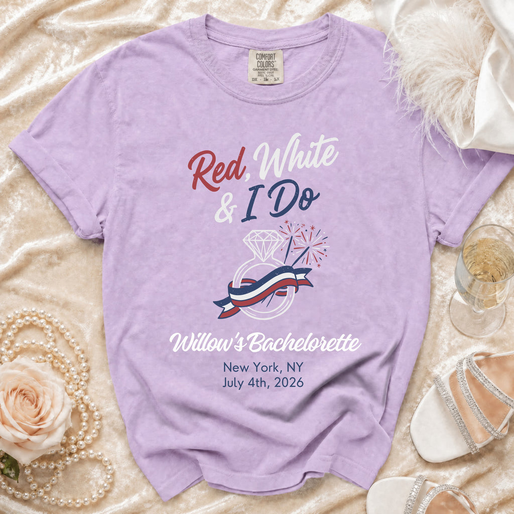 Red, White & I Do Willow's Bachelorette shirt with ring and fireworks.
