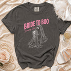 Dark grey t-shirt with "Bride to Boo Screaming Club" and ghost graphic.