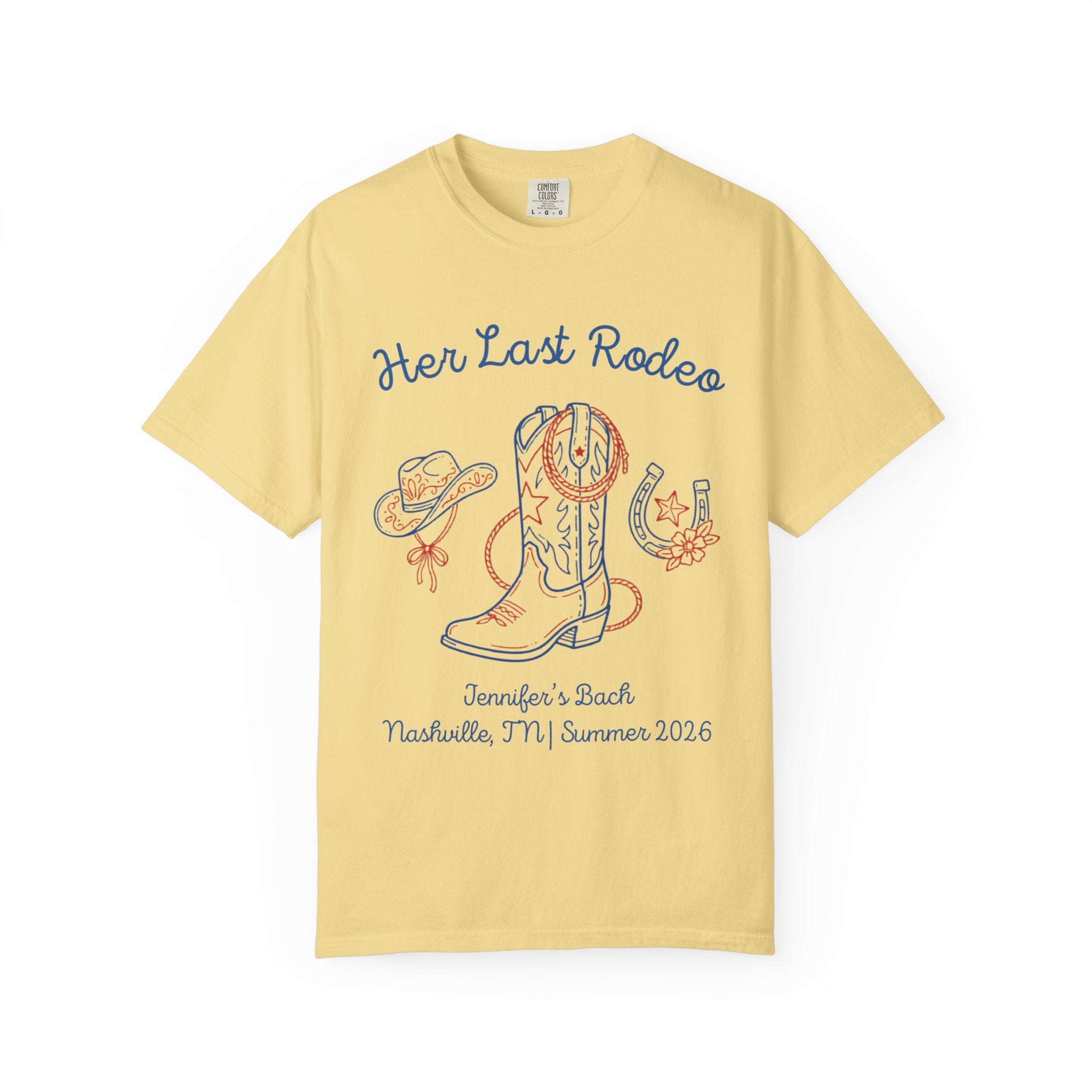 Yellow t-shirt with "Her Last Rodeo" text, cowboy boot, hat, and horseshoe.