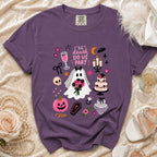 Purple t-shirt with 'til death do us part graphic featuring a ghost bride and Halloween elements.