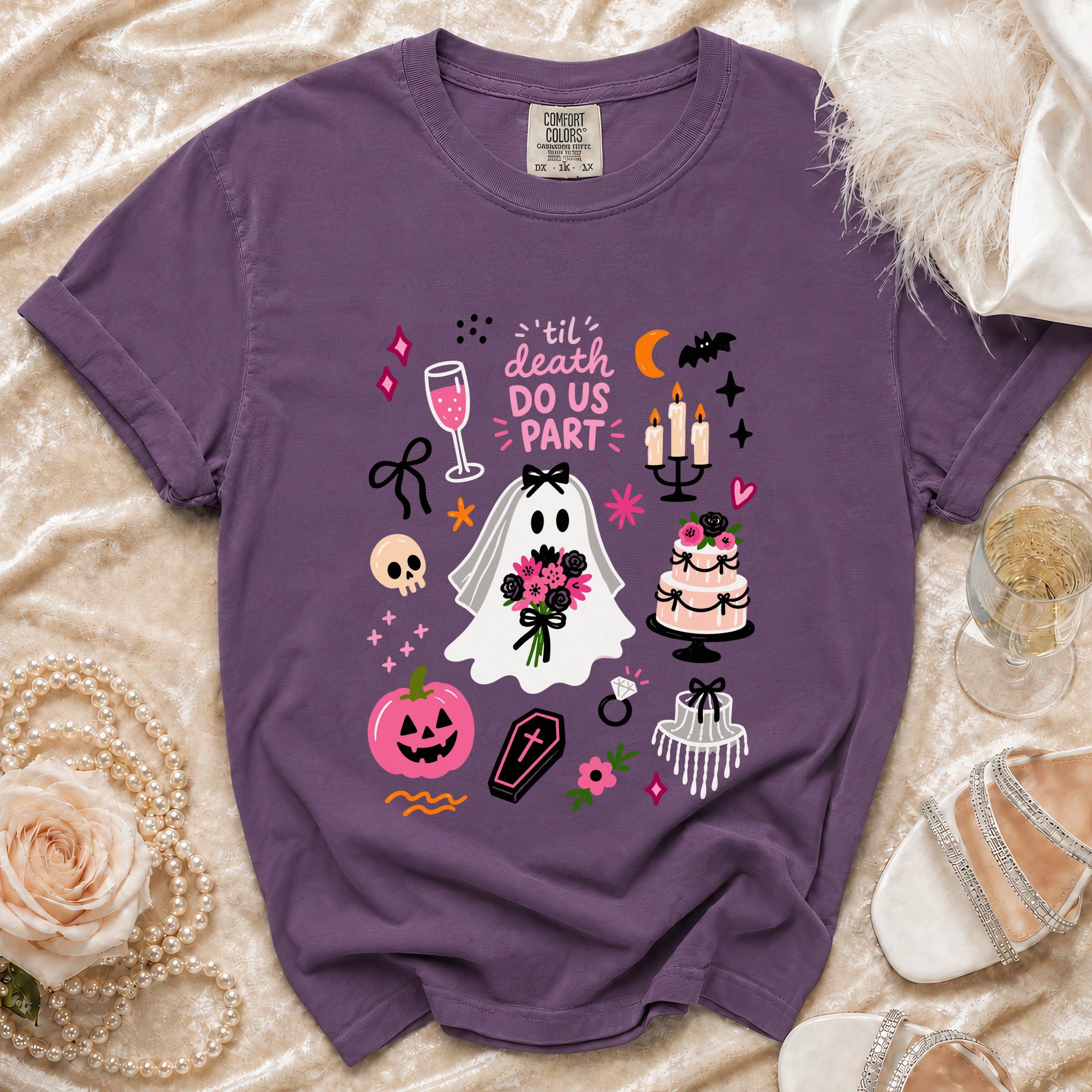 Purple t-shirt with 'til death do us part graphic featuring a ghost bride and Halloween elements.