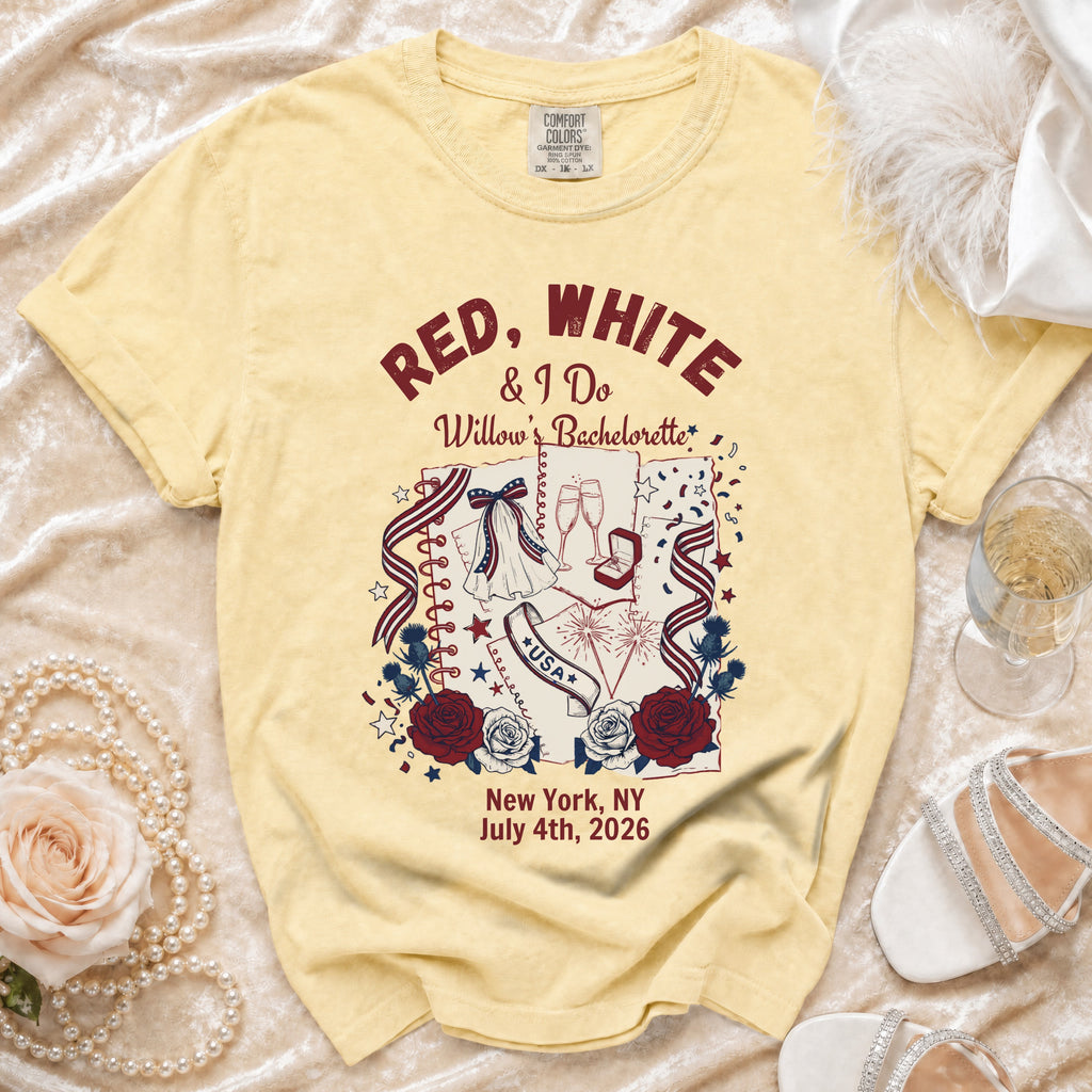 "Red, White & I Do" bachelorette t-shirt with USA motifs and event details.