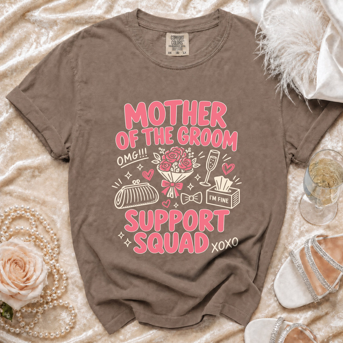 Brown t-shirt with "Mother of the Groom Support Squad" text and wedding graphics.