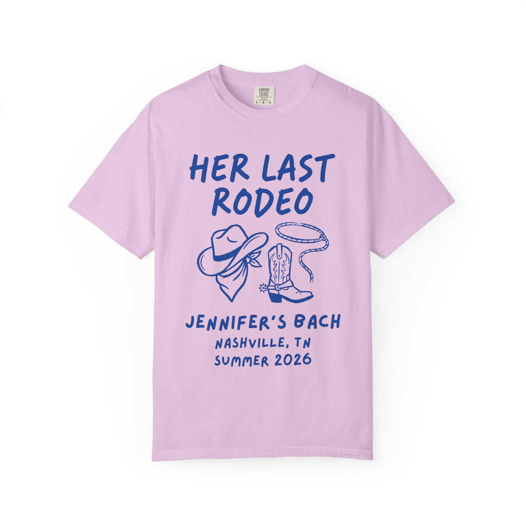Her Last Rodeo graphic tee with cowboy hat, boots, and rope.