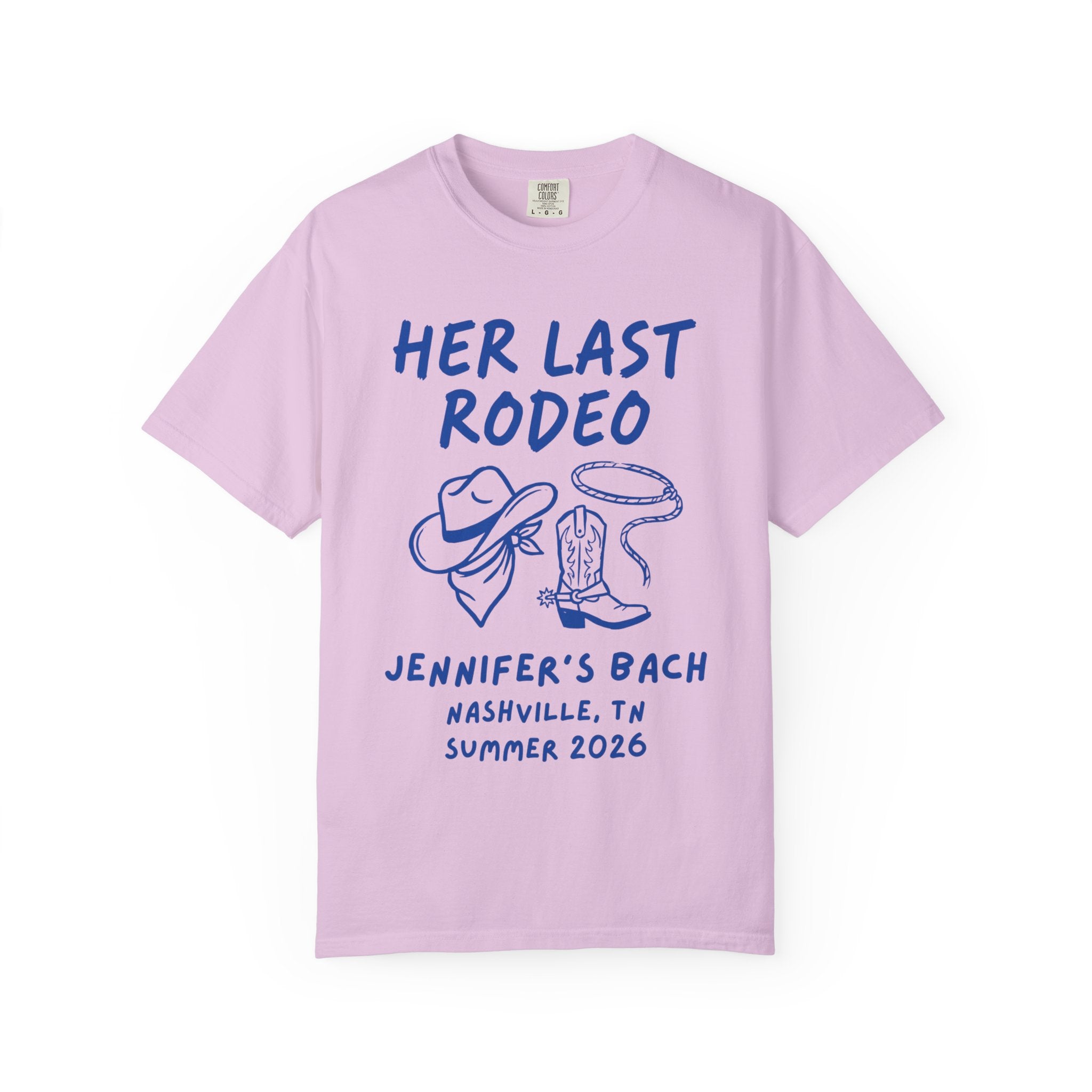 Her Last Rodeo graphic tee with cowboy hat, boots, and rope.