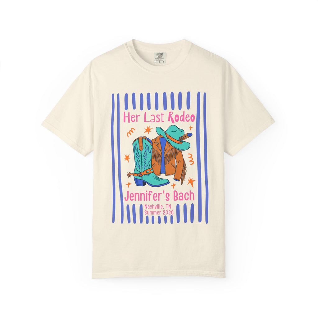 Cream t-shirt graphic with cowboy hat, boots, and "Her Last Rodeo Jennifer's Bach Nashville, TN Summer 2026".