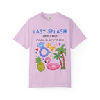 Pink t-shirt with "Last Splash" text and beach-themed graphics.