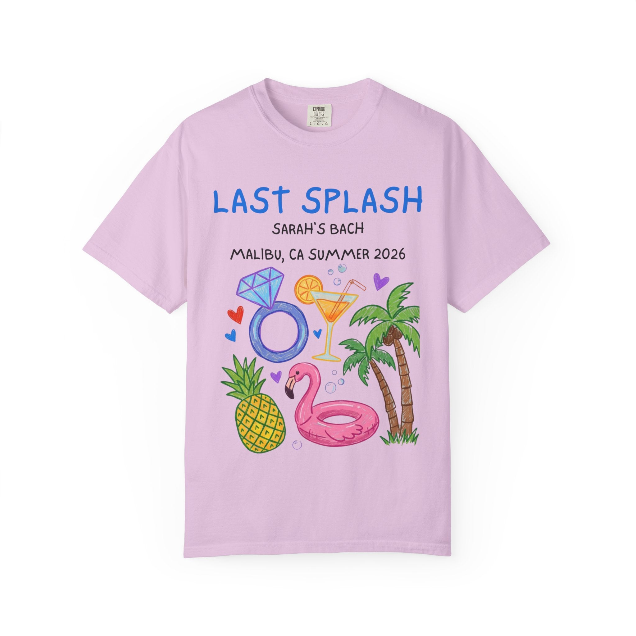Pink t-shirt with "Last Splash" text and beach-themed graphics.