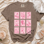Brown t-shirt with pink "bridal stamp" style graphics featuring rings, margaritas, and wedding items.