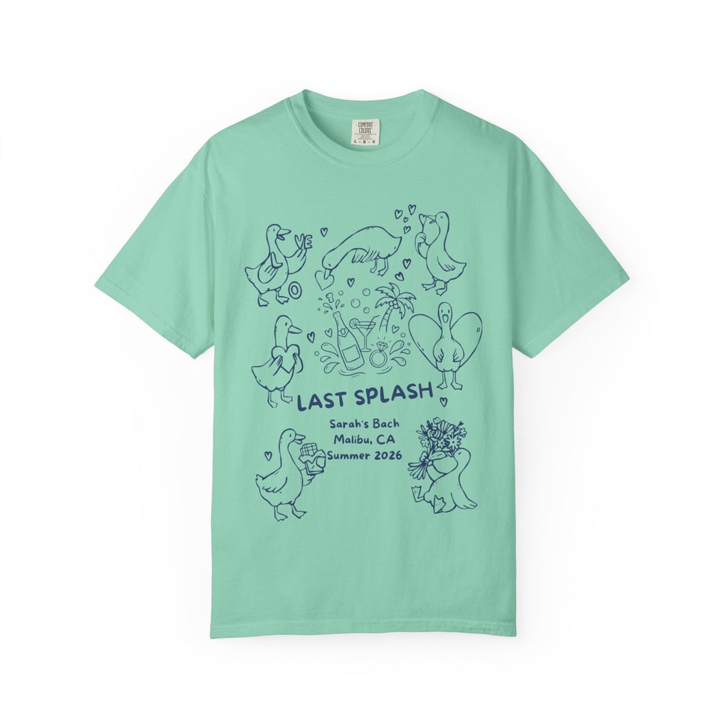 T-shirt with "Last Splash" and duck illustrations for a bachelorette party in Malibu.