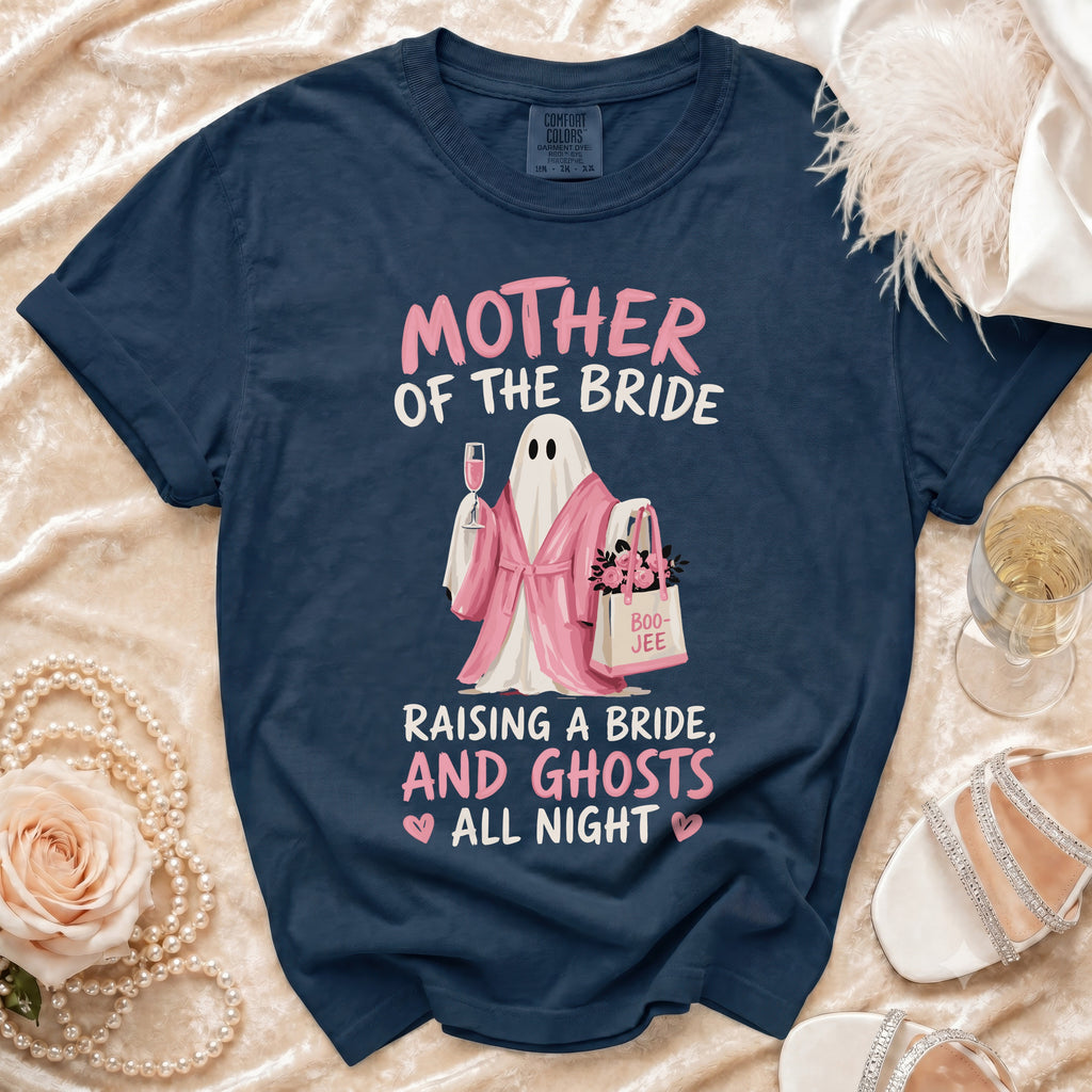 Dark blue t-shirt with "Mother of the Bride" and ghost graphic.