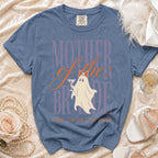 Blue Comfort Colors t-shirt with "Mother of the Bride" ghost graphic and text.
