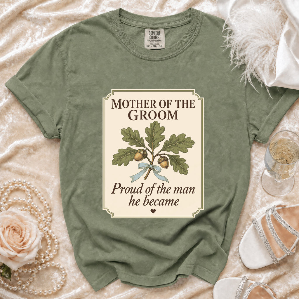 Green t-shirt with "Mother of the Groom" and oak leaves graphic.