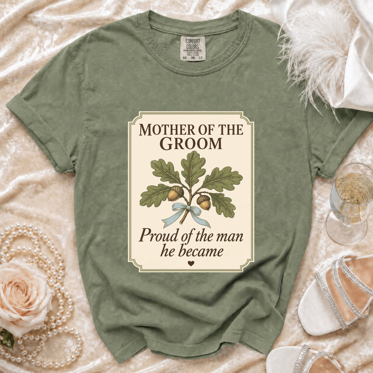 Green t-shirt with "Mother of the Groom" and oak leaves graphic.