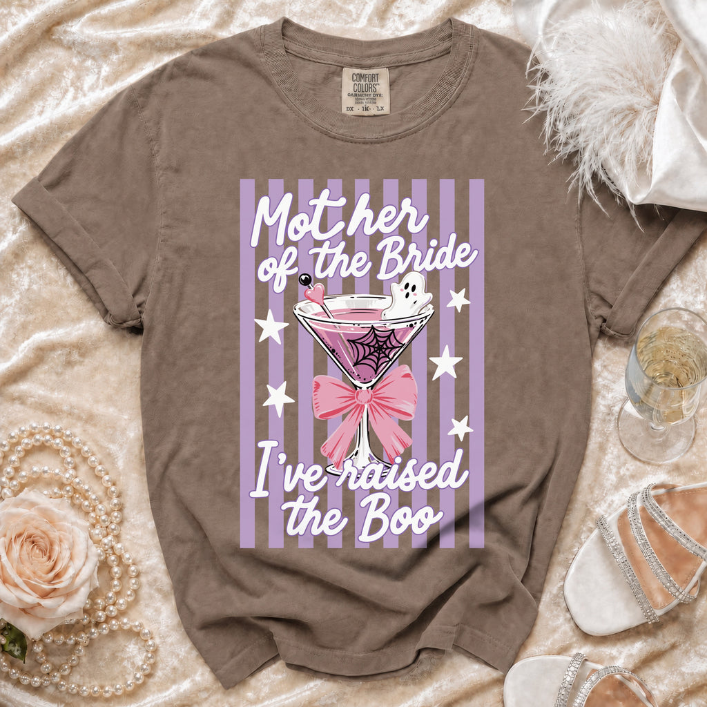 Brown t-shirt with "Mother of the Bride I've raised the Boo" text and a martini glass.