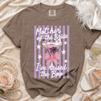 Brown t-shirt with "Mother of the Bride I've raised the Boo" text and a martini glass.
