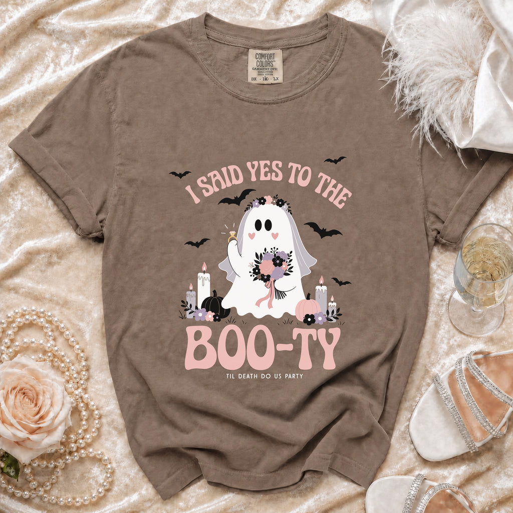 Brown t-shirt with ghost bride graphic saying "I said yes to the Boo-ty".