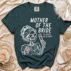 Teal t-shirt with skeleton bride graphic reading "Mother of the Bride, Til Death Do Us Party."