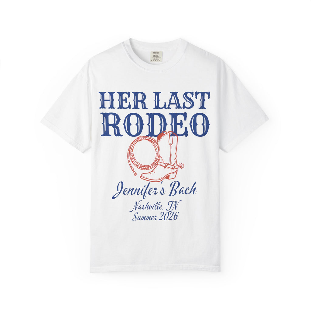 White t-shirt with "Her Last Rodeo" and cowboy boot design.