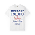 White t-shirt with "Her Last Rodeo" and cowboy boot design.