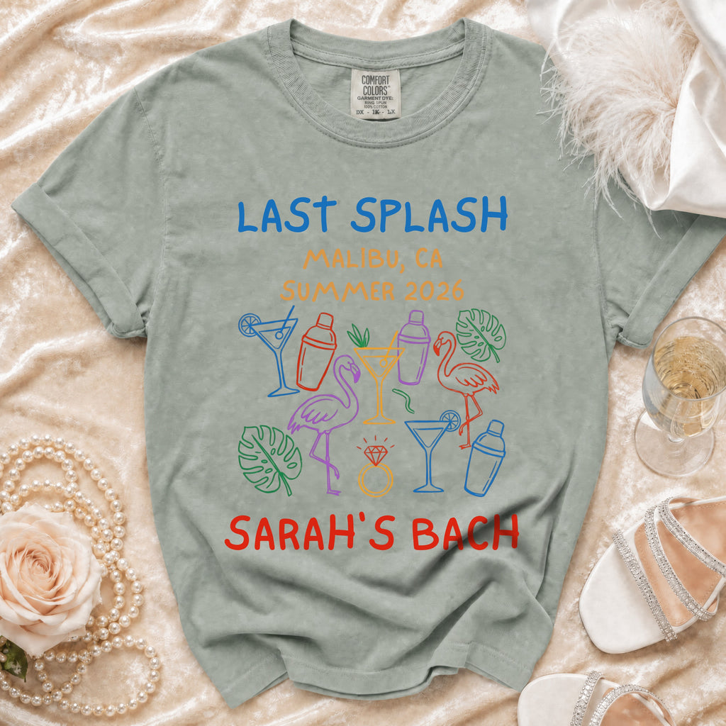 T-shirt with "Last Splash Sarah's Bach" text and colorful graphics.