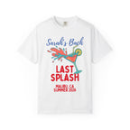 White t-shirt with "Sarah's Bach Last Splash" and Malibu, CA Summer 2026.