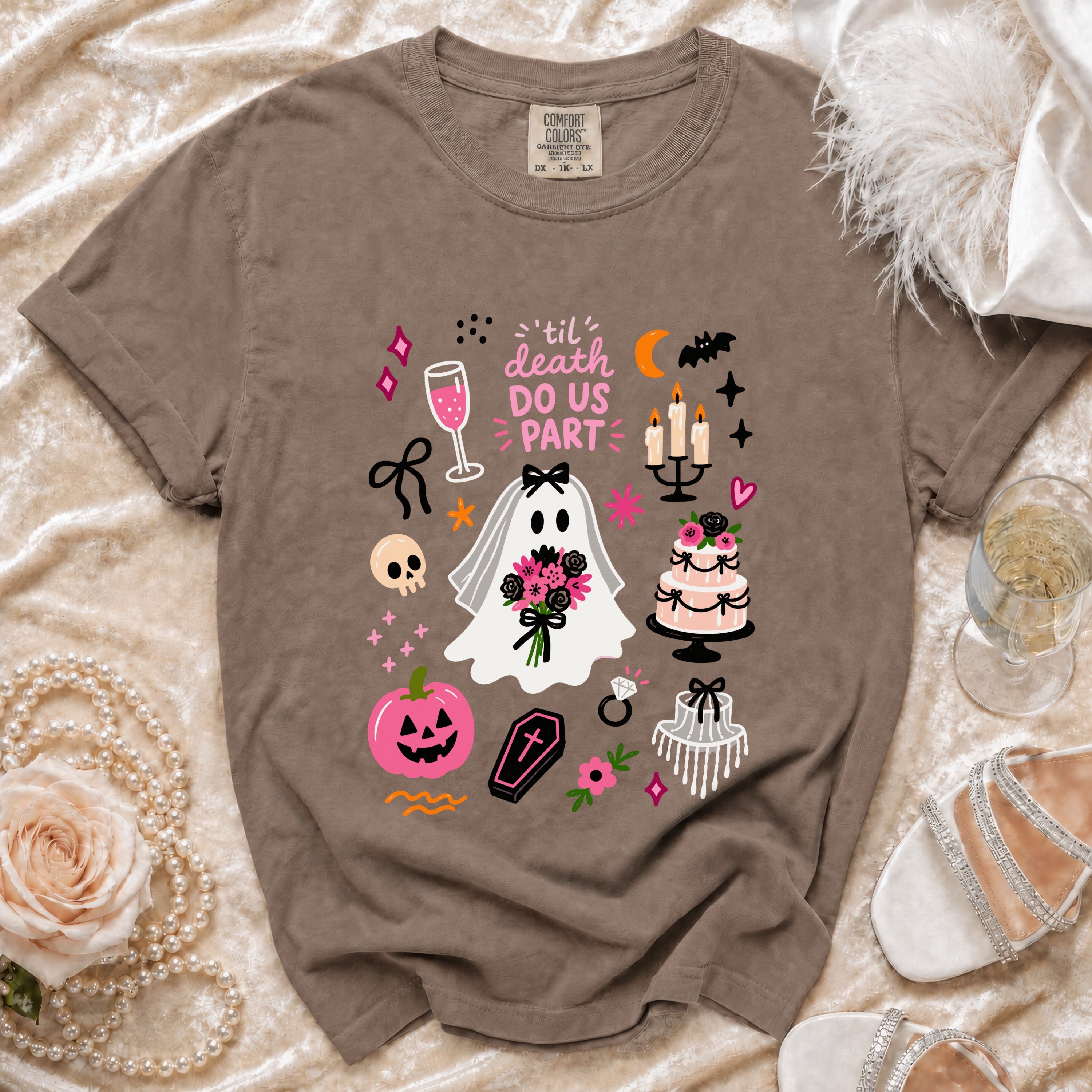 Brown t-shirt with ghost bride and wedding icons, reading "'til death DO US PART".