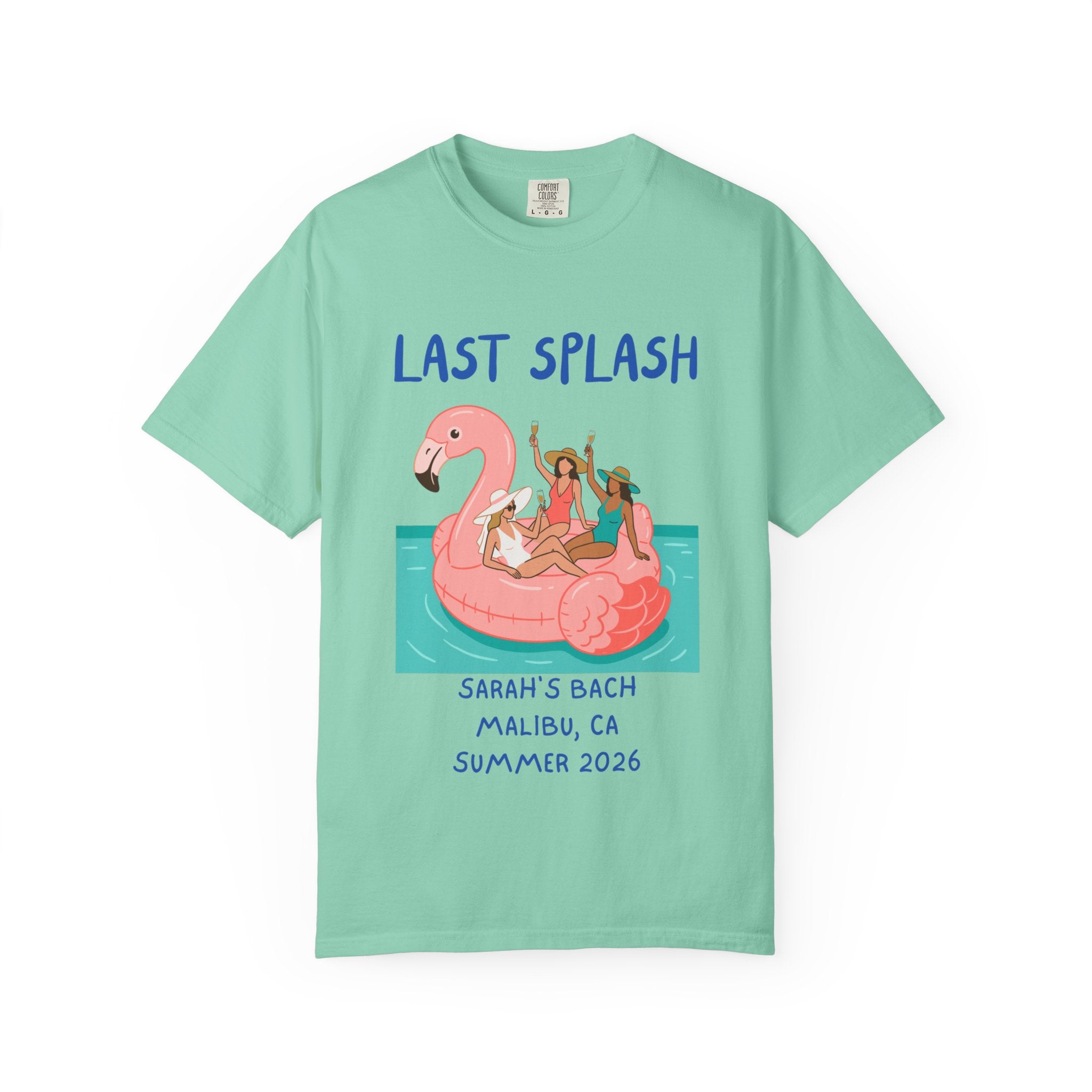 T-shirt with flamingo float, "Last Splash" text, and bachelorette party details.