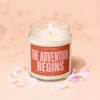 Candle with text "The Adventure Begins. One Ring Down. A Whole Life To Go. Vowed."