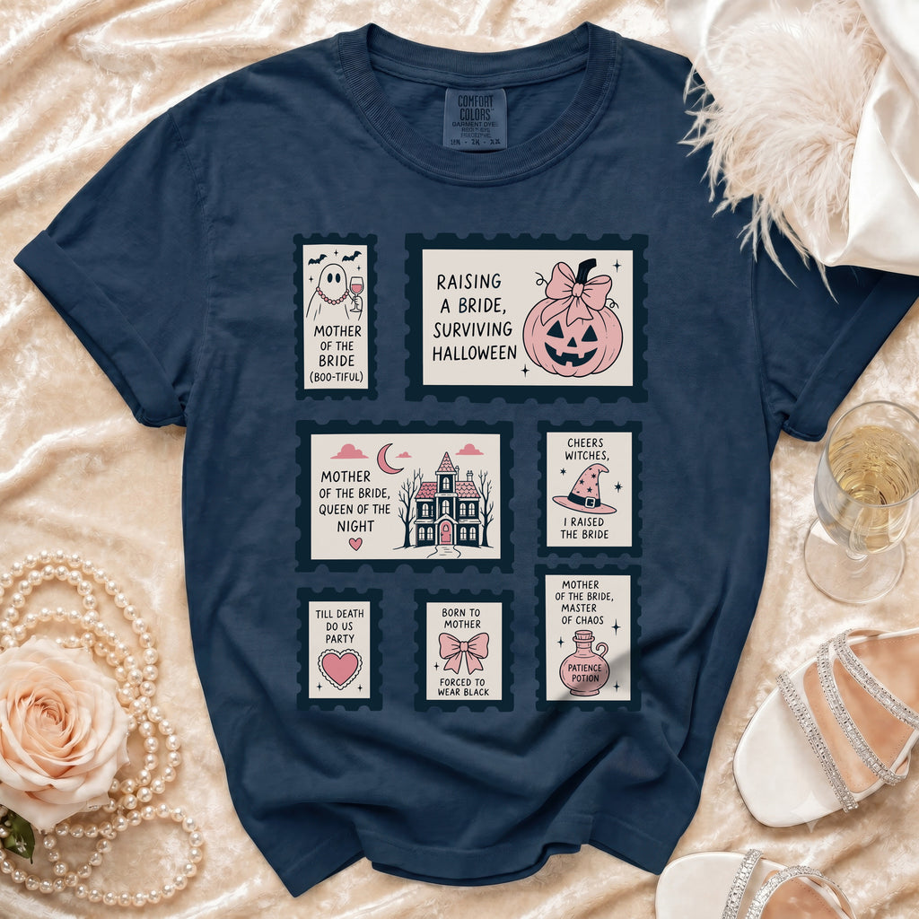 Navy t-shirt with Halloween-themed stamp graphics about the "mother of the bride."
