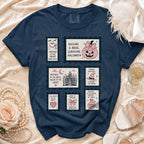 Navy t-shirt with Halloween-themed stamp graphics about the "mother of the bride."