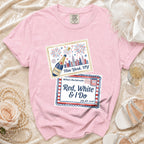 Pink t-shirt with New York and bachelorette graphics, "Red, White & I Do".