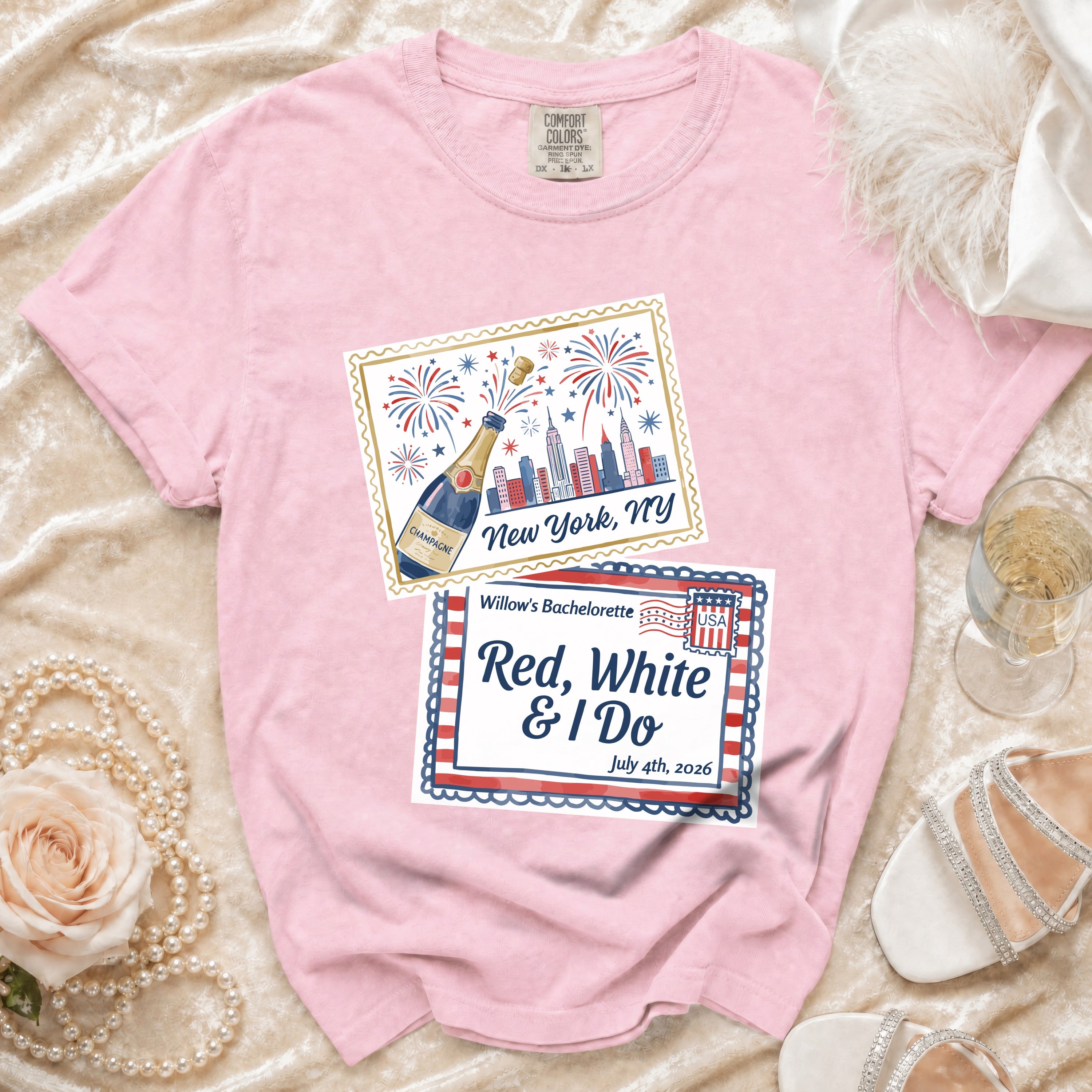 Pink t-shirt with New York and bachelorette graphics, "Red, White & I Do".