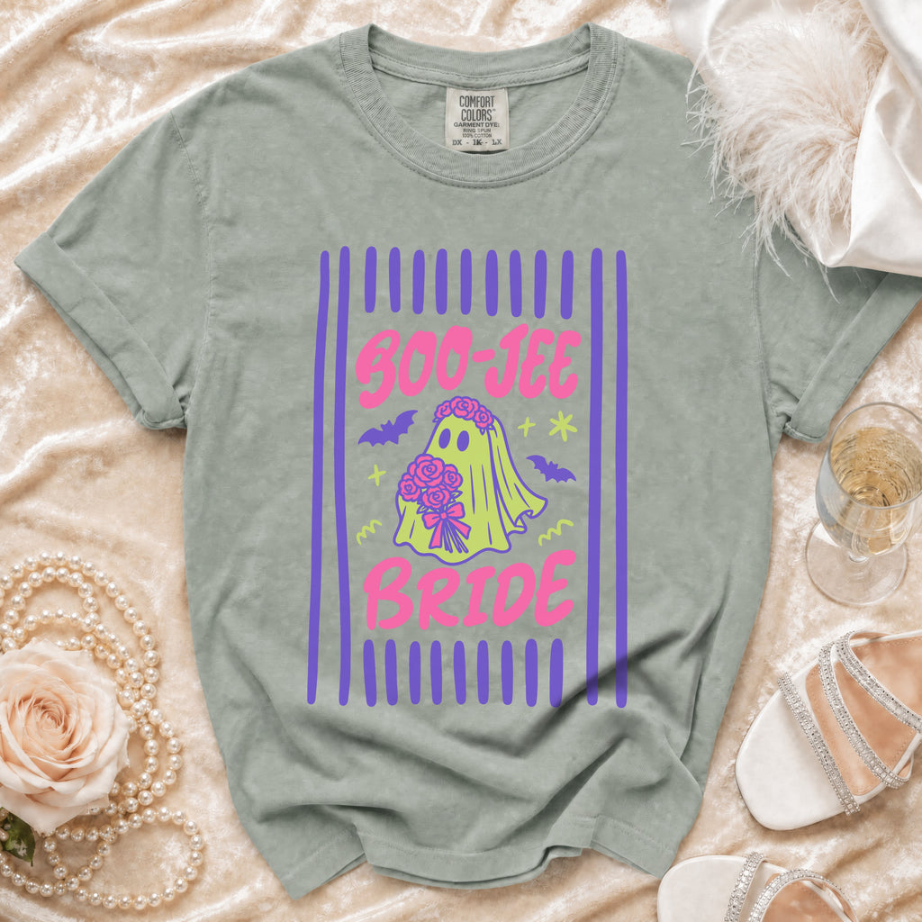 T-shirt with "Boo-Jee Bride" ghost graphic and pink flowers.