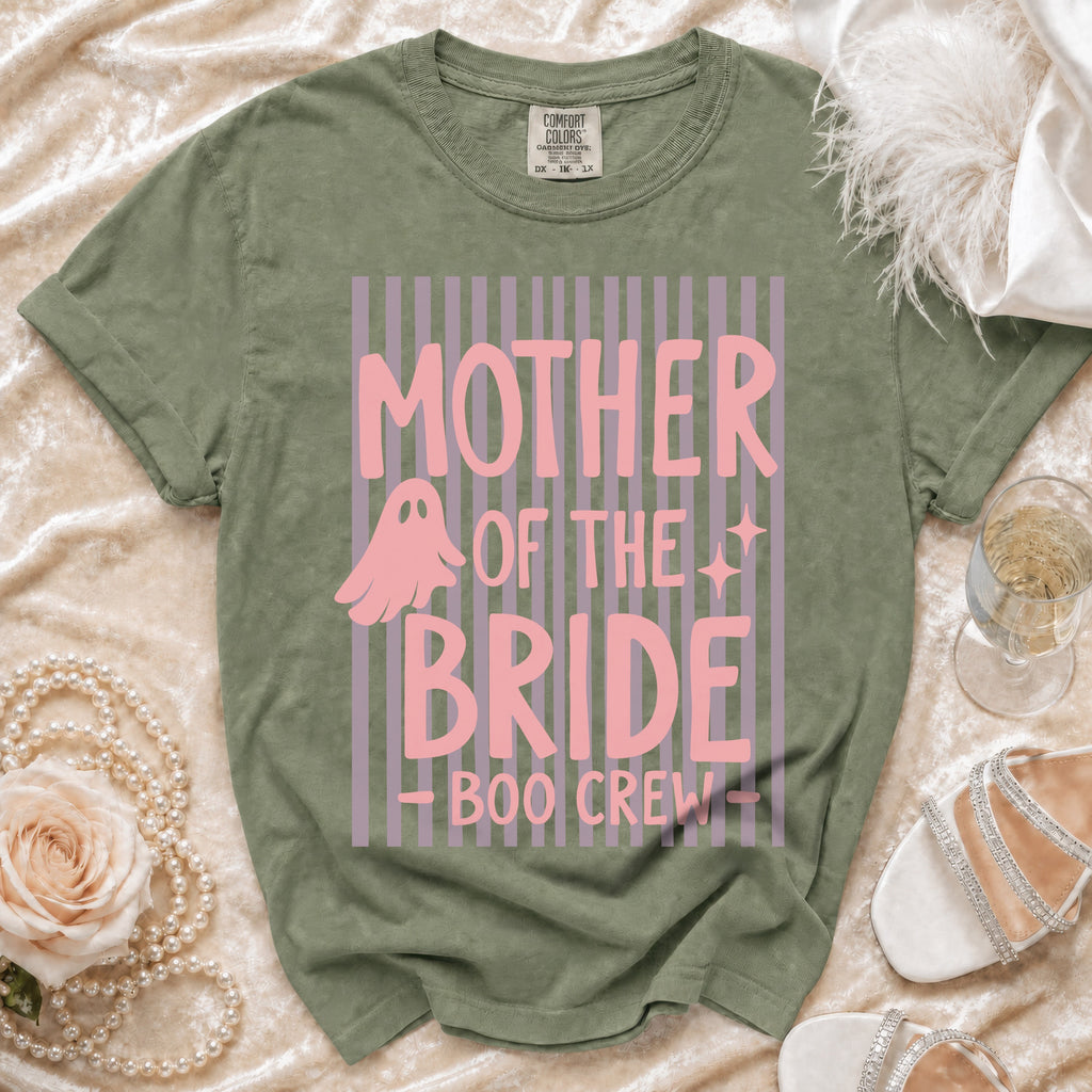Olive green t-shirt with "MOTHER OF THE BRIDE - BOO CREW" text and ghost graphic.