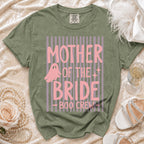 Olive green t-shirt with "MOTHER OF THE BRIDE - BOO CREW" text and ghost graphic.