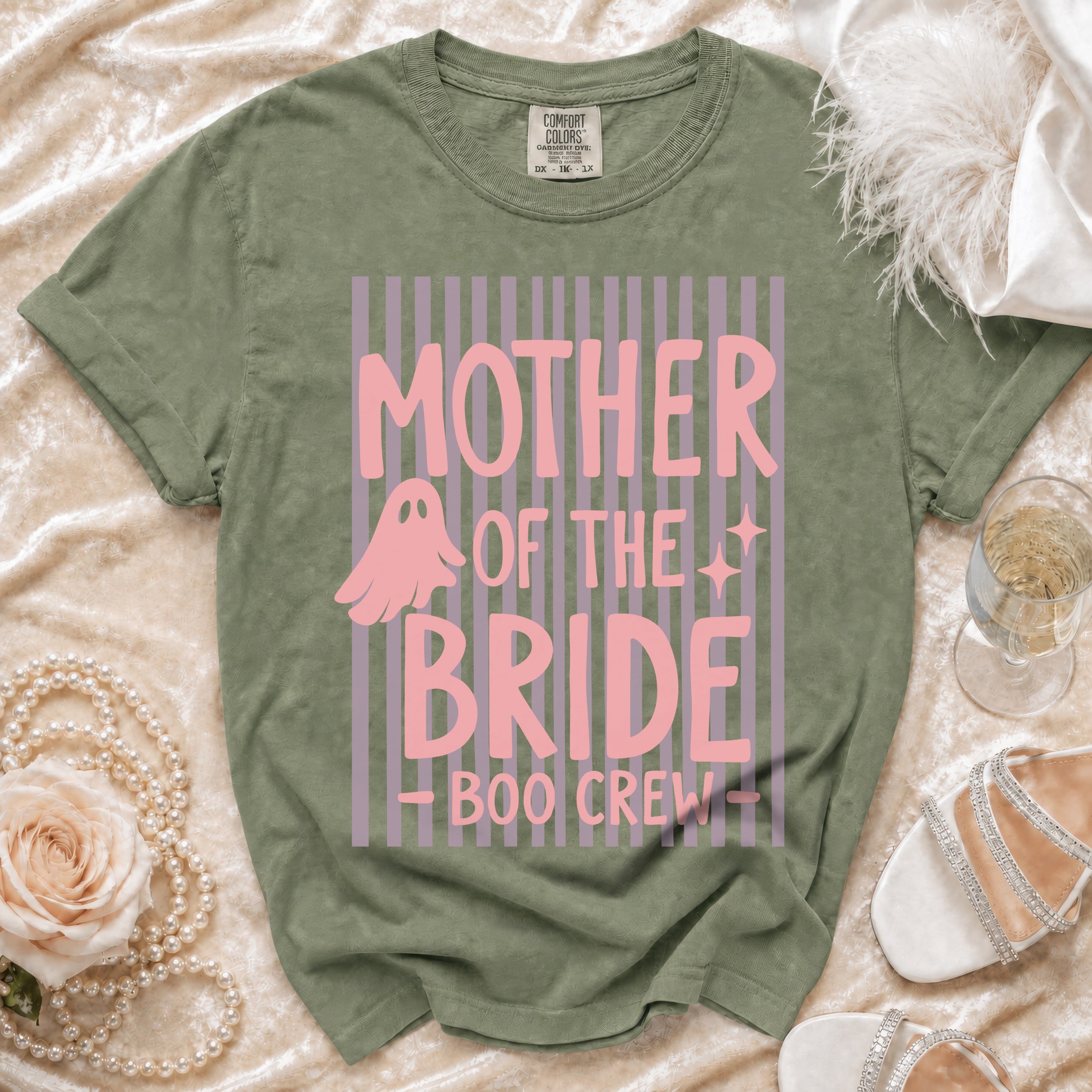 Olive green t-shirt with "MOTHER OF THE BRIDE - BOO CREW" text and ghost graphic.