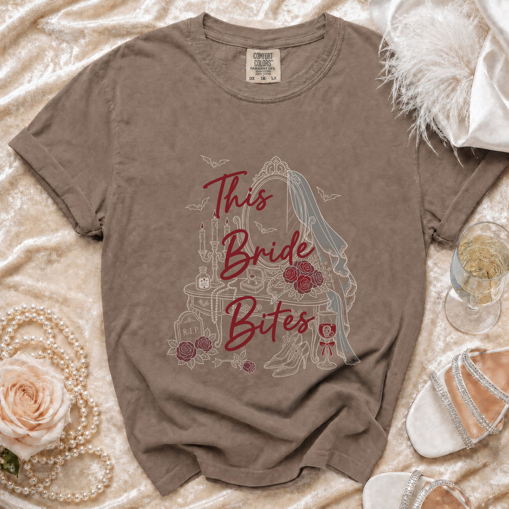 Brown t-shirt with "This Bride Bites" graphic, featuring a vanity, roses, and bats.